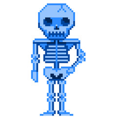  An 8-bit retro-styled pixel-art illustration of a blue skeleton.