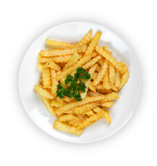 Dish with french fries over white background
