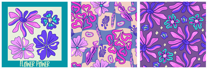 Retro floral poster set trippy y2k design. Spring floral pattern. Vector abstract drawing. Abstract wall trippy background. Interior print