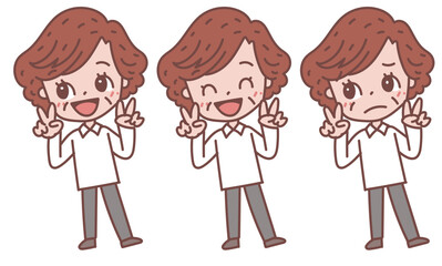 ダブルピースのシニア女性_表情バリエーションセット