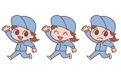 挨拶をする作業着の女性_表情バリエーションセット