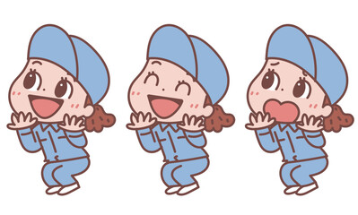 喜ぶポーズ他の作業着の女性_表情バリエーションセット