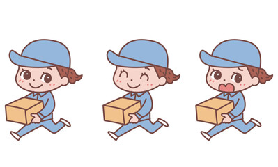 ダンボールを運ぶ作業着の女性_表情バリエーションセット