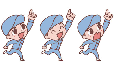 指差しポーズの作業着の男性_表情バリエーションセット