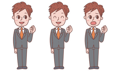 ガッツポーズをするスーツの男性_表情バリエーションセット