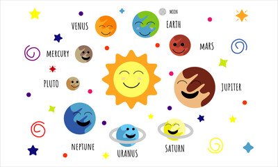 Illustration vector graphic of Cartoon our Solar System with color planets on white background. Perfect for children's printed books, printed stickers, children's t-shirts, etc.