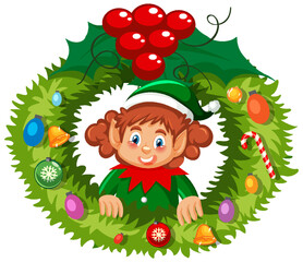 Elf Christmas wreath in cartoon style