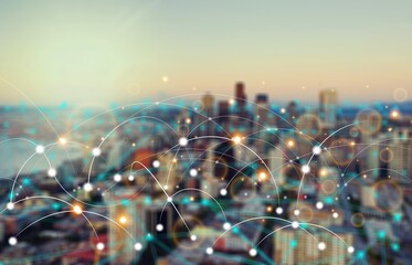 Image of wireless connection technology with graph and city view