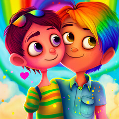 Cartoon illustration of two boys with rainbow colored hear and rainbow background  promoting LGBTQ values, 3D illustration