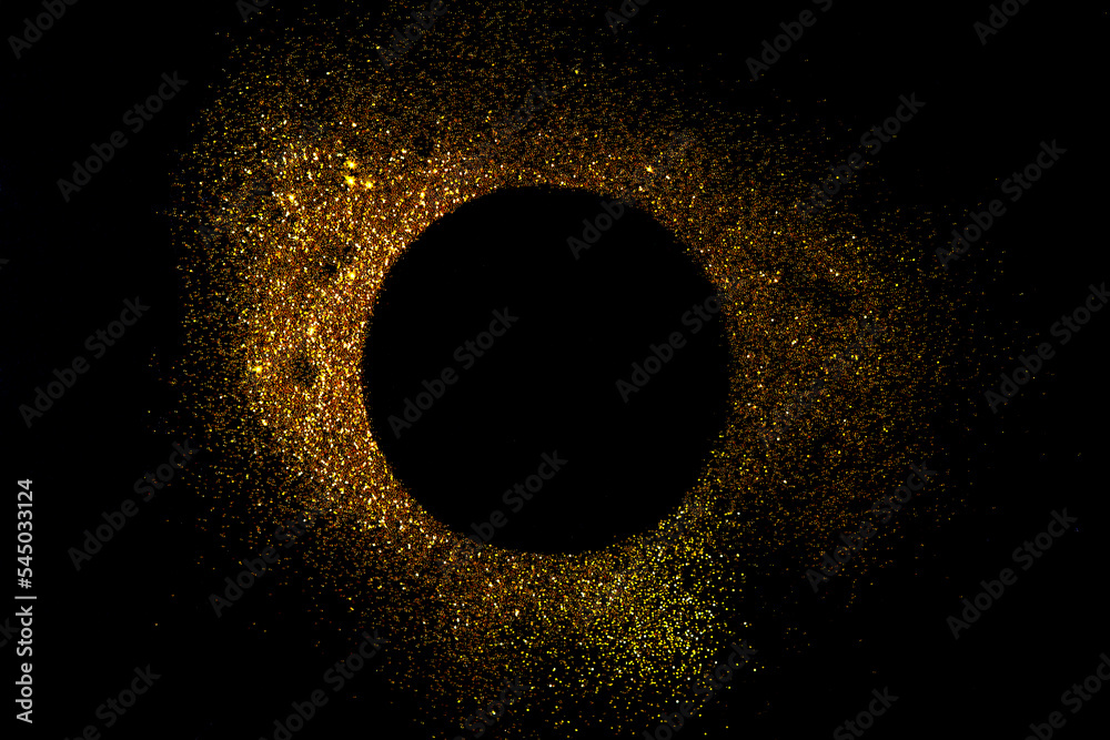 Poster Dark texture with a round sprinkling of gold. Backdrop with golden sparkle for frame, copy space, and overlay photo effect. fancy, luxury, themed backgrounds.