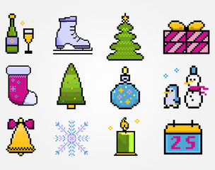 Fototapeta na wymiar Pixel set of chrsitmas and new year icons decor