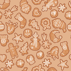 Seamless pattern with Christmas and New Year gingerbread cookies.