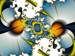 Yellow blue fractal, abstract background with flowers
