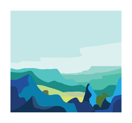 minimalist poster art of landscape mountain, beach, lake, sky, sun rice, sunset, summer