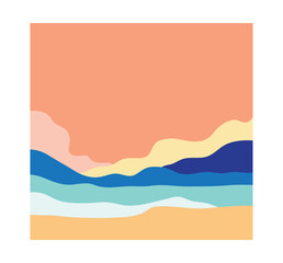 Naklejka na ściany i meble minimalist poster art of landscape mountain, beach, lake, sky, sun rice, sunset, summer