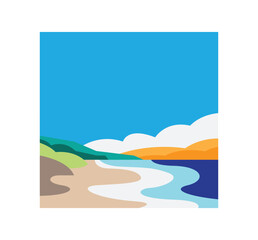 Fototapeta na wymiar minimalist poster art of landscape mountain, beach, lake, sky, sun rice, sunset, summer