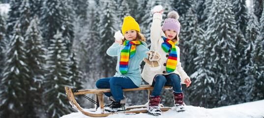 Kids play snowball, snow ball fight for children. Happy little kids wearing knitted hat, scarf and...
