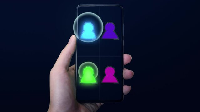 man hand holding phone with icon video conference meeting with effect sound talk on black background