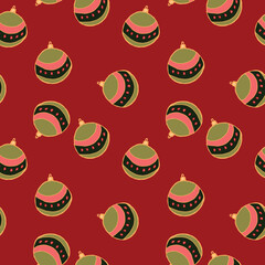 Christmas and Happy New Year seamless pattern with Christmas balls and gifts. Trendy retro style. Vector design template.
