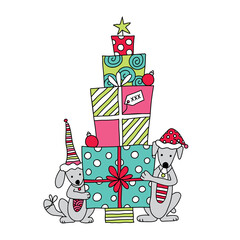 Two cute dogs holding a stack of Christmas gifts in the shape of a Christmas tree