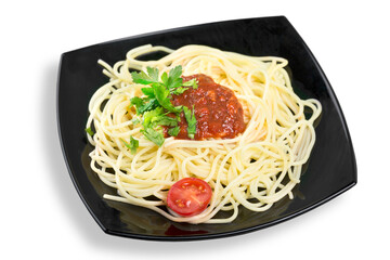 spaghetti with tomato sauce and sprinkled with cheese