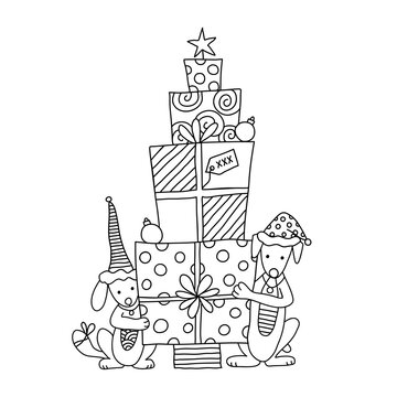 Two cute dogs holding a stack of Christmas gifts in the shape of a Christmas tree in black and white outlines