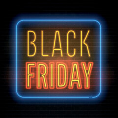 Obraz premium Black Friday sale retro advert neon light on dark background. Stylish discounts realistic red yellow vector letters with blue outline. Luxury store special price offer banner template.