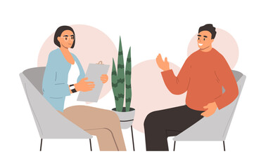 vector illustration in flat style. session with a psychotherapist. psychologist talking to patient 