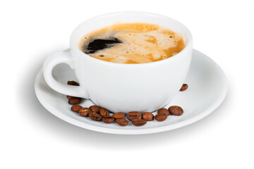 Cup of hot coffee with beans isolated on white background