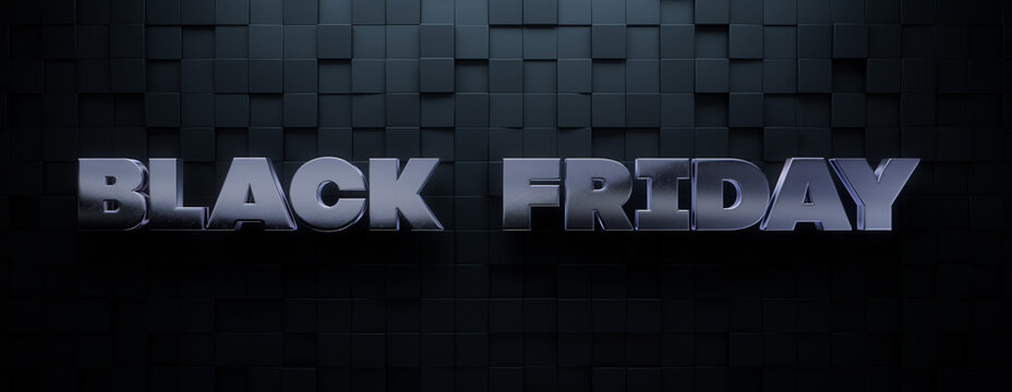 Black Friday Banner with Thick, Silver 3D Typography against Square tiles. Luxury Background with copy-space.