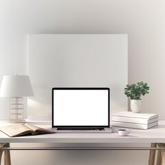 Laptop display for mockup on table in white room and blank space fot text, 3D rendering