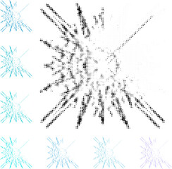 Set of perforated vector mandalas or snowflakes in blue RGB colors. An intricate contour of polka dots, strokes, specks. Imitation of duplicate bottom layer. Space for copy text.