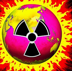 Fototapeta premium Illustration of the nuclear and radioactive symbol with the planet earth in fire symbol of the end of the world and nuclear apocalypse