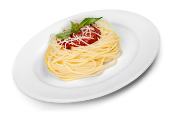 plate with spaghetti, sauce and basil on white background