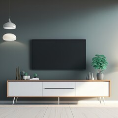 Modern bureau or tv console mockup in empty living room, 3d rendering