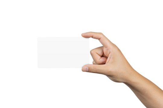 Hand holding blank white card isolated on white background. Clipping path included. Business and finance concept