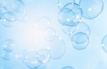 Abstract Beautiful Shiny Blue Soap Bubbles Background. Blurred, Defocus White Light. Refreshing Soap Sud Bubbles Water. 	
