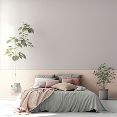 Home interior wall mock up with unmade bed, cushions and plant in pastel minimal bedroom. Free space. 3D rendering.