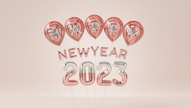 3d Rendering happy new year 2023 text balloon in metallic rose gold and silver in pastel pink background