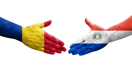 Handshake between Paraguay and Romania flags painted on hands, isolated transparent image.