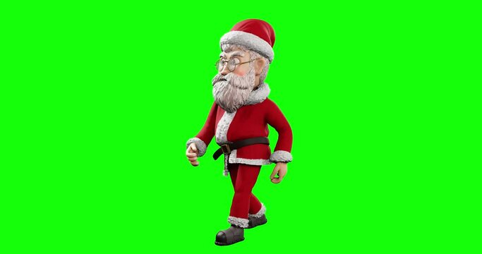 A cute, elderly Santa Claus walks about in a 3D-rendered animation that loops on a green screen.