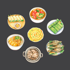 Vietnamese cuisine dishes watercolor vector illustration set.