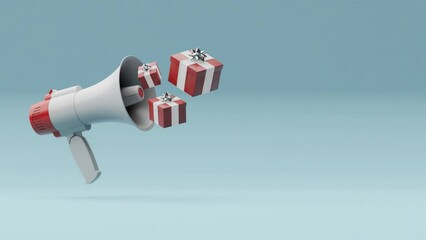 sale concept. megaphone with gifts floating on blue background with copy space