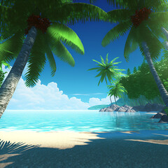 Naklejka premium Midjourney render, beach with palm tree, video game