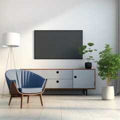 Mockup TV cabinet in modern living room with blue armchair and plant on white wall background,3d rendering