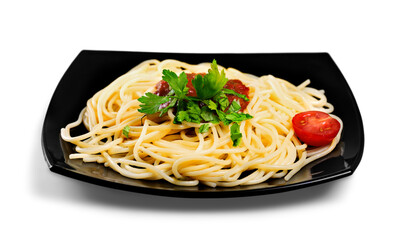 spaghetti with tomato sauce and sprinkled with cheese