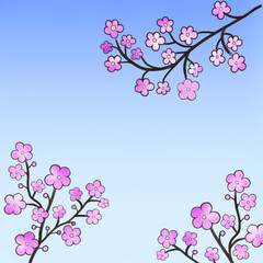 ピンク色の花が咲く木、木に咲く花のイラスト、ピンク色のかわいい花のベクター素材

