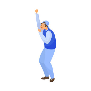 Happy football male fan whistling cartoon illustration. Man cheering for football or soccer team, whistling. Sports game, crowd, support concept