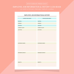 Employee Job Information & History Log Book | Employees Journal | Notebook Printable Template
