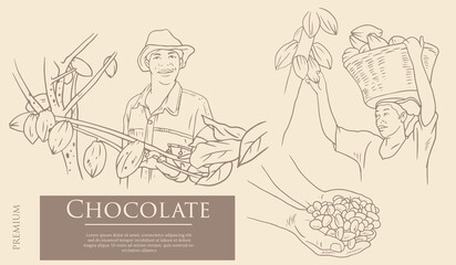 label packaging design of drawing cocoa picker. banner promotion of cocoa drawing. handraw cocoa for poster